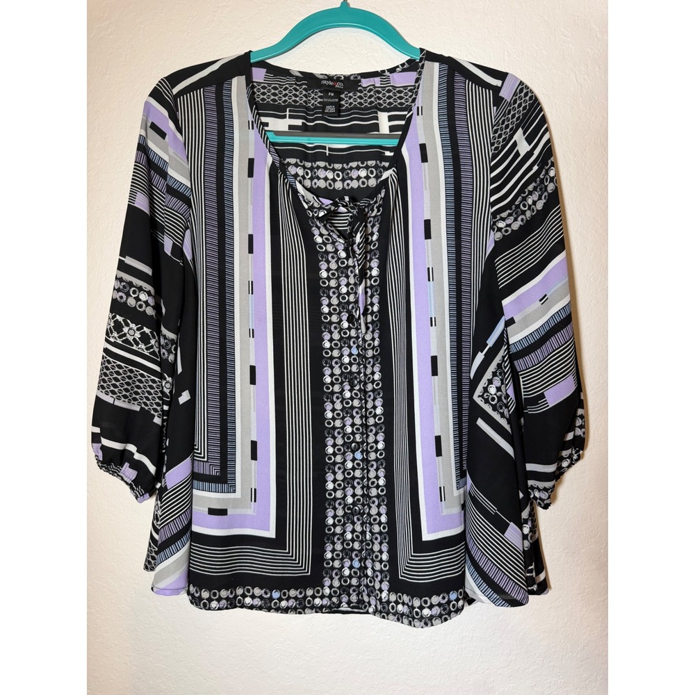 Style & Co Petite Black Purple Geometric Print Tie Neck Blouse PM